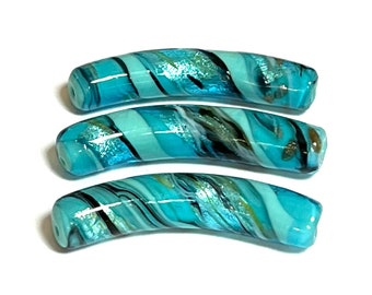 Aqua Blue Murano Glass White Gold Foiled Curved Tube 1.9 inches Green Venetian Glass bead