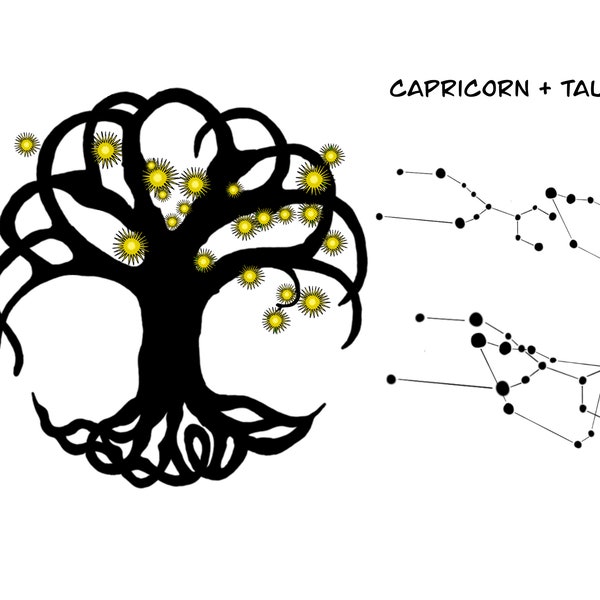 Modèle de constellations d'astrologie de l'arbre de vie combiné Capricorne Taureau pour tatouages, chemises, etc.