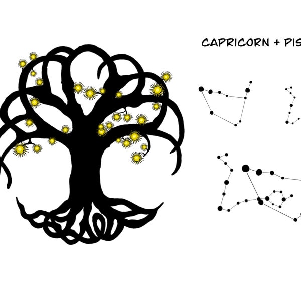 Capricorne Poissons Combiné Arbre de Vie Astrologie Constellations Modèle pour Tatouage, chemises, etc.