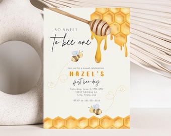 Editable Honey Bee Birthday Invitation, Bee First Birthday Invite, First Bee Day Invite, So Sweet To Bee One Invite, Instant Download, 0012