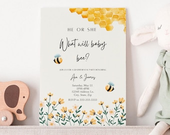 Bearbeitbare Biene Geschlecht offenbaren Einladung, was wird Baby Biene einladen, Geschlecht offenbaren einladen, er oder sie, Honigbienen Party, sofortiger Download, 0019