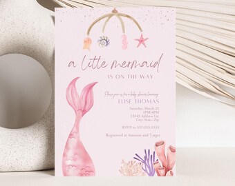 Redigerbar sjöjungfru-babyshowerinbjudan, babyshowerinbjudan under havet, sjöjungfru-mall för flicka, direktnedladdning, 0021