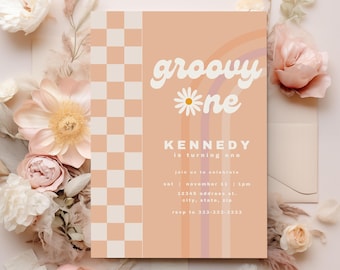 Bewerkbare Groovy One eerste verjaardagsuitnodiging, retro uitnodiging voor verjaardagsfeestje, sjabloon hippiefeestje uitnodiging, instant download, 0004