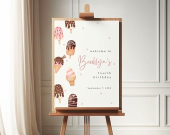 May include: Welcome to Brooklyn's fourth birthday party sign with pink polka dots and watercolor ice cream cones and popsicles.
