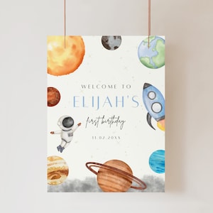 Signo de bienvenida editable del primer viaje alrededor del sol, signo de bienvenida del astronauta, signo de bienvenida del espacio exterior, descarga del signo de bienvenida del 1er cumpleaños, 0016