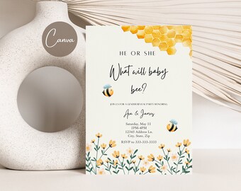 Editable Bee Gender Reveal Invitation, What Will Baby Bee Invite, Gender Reveal Invitation, He or She, Honey Bee Party, Instant Download