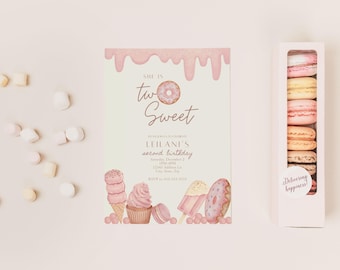 Editable Two Sweet Birthday Party Invitation, 2nd Birthday Invitation, She Is Two Sweet, Donut Birthday Invitation, Instant Download