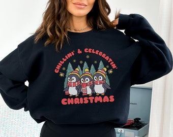 Cute Christmas Penguin Sweatshirt Funny Holiday Sweatshirts Winter Sweaters Gift Family Group Vacation Christmas Unisex Sweat Shirts Gifts