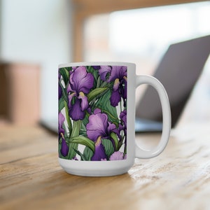 Purple Irises Floral Garden Ceramic Mug 15oz. Great for coffee, chocolate, and tea.  Perfect gift for Iris lovers. Gardening Gardener
