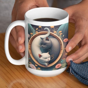 Yin Yang Cuddling Cats Ceramic 15 oz Mug, Cat Lover Gift, Cat Gifts, Cat Cup, Gift for Cat Enthusiast. Yin Yang Symbol