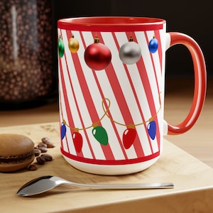 Red Candy Cane Christmas, lights, ornaments Coffee Mugs 15oz. Girlfriend gift. Red striped.  Christmas mug set. Fun mug. Coffee cup. Tea cup