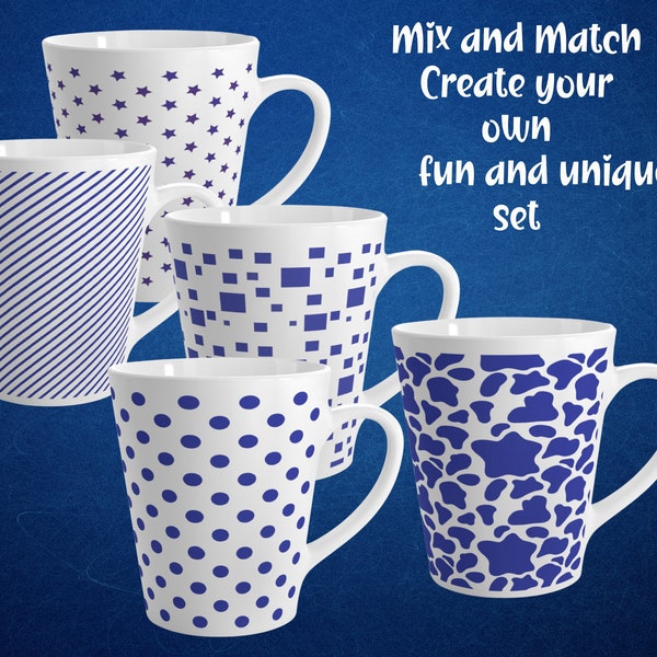 Blue and White Vintage style Polka Dot Latte Ceramic Cup 12oz Blue white cup set Classic set mugs Stunning mug set Vintage Dot cup style set