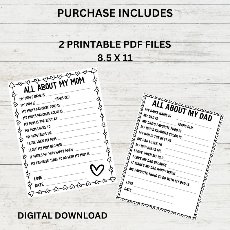 All About Mom and Dad, Digital Download, Printable Activity Page - Etsy