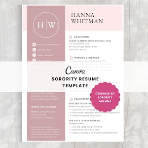 Sorority Resume Template | Pink Recruitment Resume | Minimal Sorority Rush Resume | Sorority Cover Letter Template | Canva Resume Template