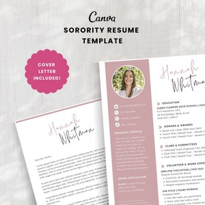 Sorority Resume Template | Pink Recruitment Resume | Minimal Sorority Rush Resume | Sorority Cover Letter Template | Canva Resume Template