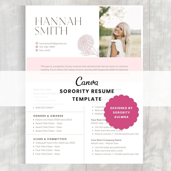 Sorority Resume Template | Pink Recruitment Resume | Minimal Sorority Rush Resume | Sorority Cover Letter Template | Canva Resume Template