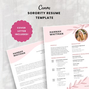 Sorority Resume Template | Pink Recruitment Resume | Minimal Sorority Rush Resume | Sorority Cover Letter Template | Canva Resume Template