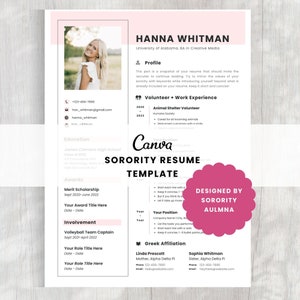 Sorority Resume Template | Pink Recruitment Resume | Minimal Sorority Rush Resume | Sorority Cover Letter Template | Canva Resume Template