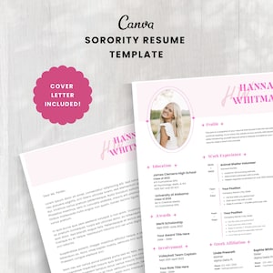 Sorority Resume Template | Pink Recruitment Resume | Bright Sorority Rush Resume | Sorority Cover Letter Template | Canva Resume Template