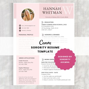 Sorority Resume Template | Pink Recruitment Resume | Minimal Sorority Rush Resume | Sorority Cover Letter Template | Canva Resume Template