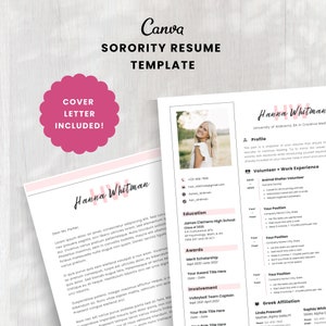 Sorority Resume Template | Pink Recruitment Resume | Minimal Sorority Rush Resume | Sorority Cover Letter Template | Canva Resume Template