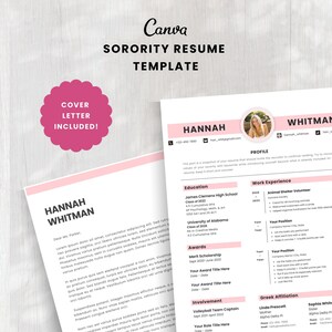 Sorority Resume Template | Pink Recruitment Resume | Minimal Sorority Rush Resume | Sorority Cover Letter Template | Canva Resume Template