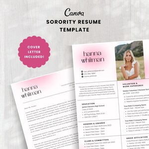 Sorority Resume Template | Pink Recruitment Resume | Minimal Sorority Rush Resume | Sorority Cover Letter Template | Canva Resume Template