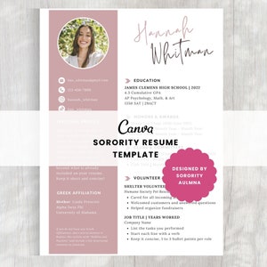 Sorority Resume Template | Pink Recruitment Resume | Minimal Sorority Rush Resume | Sorority Cover Letter Template | Canva Resume Template
