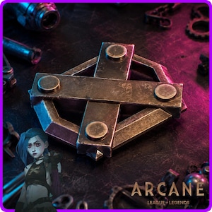 May include: A bronze-coloured, geometric metal object with a cross-like design, featuring four circular rivets. The image includes the text "Arcane League of Legends" and a character illustration. The object is set against a dark, textured background.
