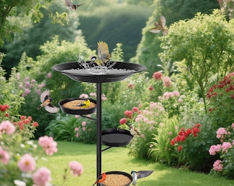 Metal Bird Bath with Seed Bowls: Elegant Black Garden Decor
