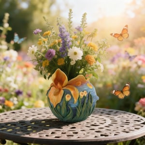May include: A vibrant floral arrangement in a decorative vase. The vase is blue with orange and green accents, featuring a large flower design. Butterflies flutter around the flowers, which include white, yellow, and purple blooms. The scene is set outdoors.