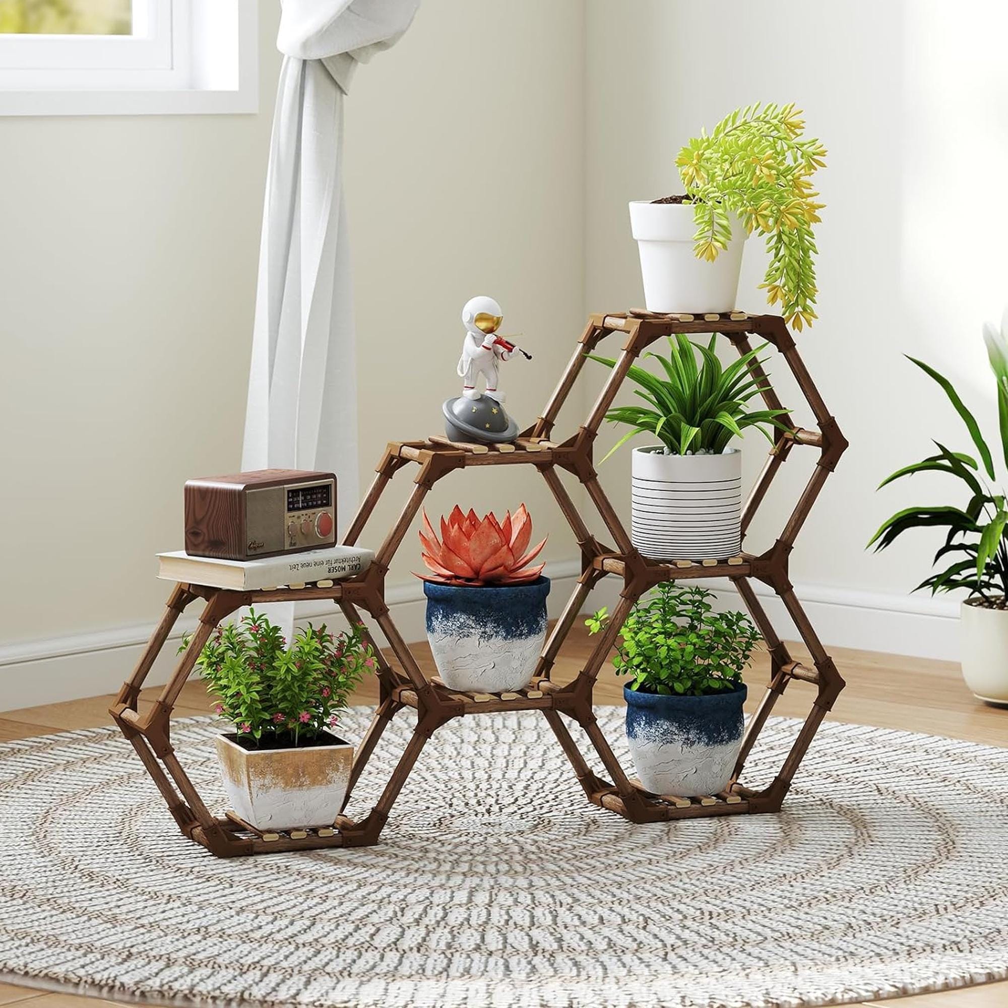Hexagonal Wooden Plant Stand for Indoor & Outdoor Use, 6-tier
