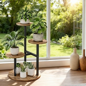 May include: A multi-tiered plant stand with a black metal frame and wooden shelves. The stand holds several potted plants with green foliage and succulents. The stand is placed near a window with a view of a lush green yard.