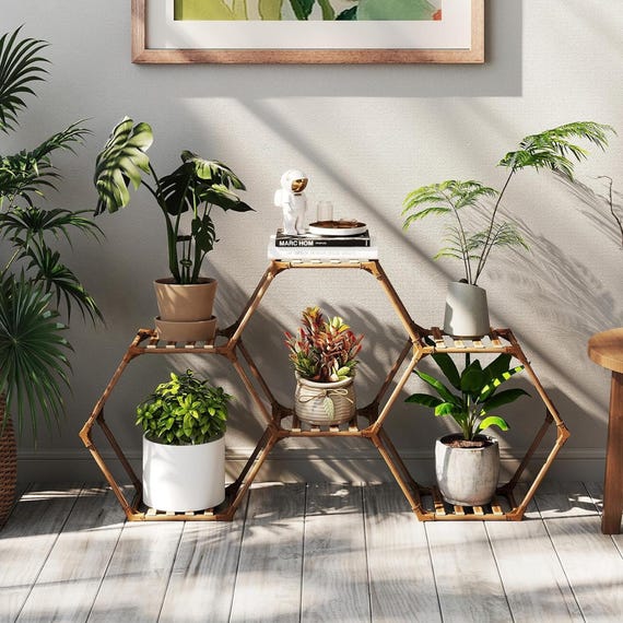 Hexagonal Wooden Plant Stand for Indoor & Outdoor Use, 6-tier