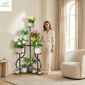 May include: A multi-tiered plant stand with a black metal frame and wooden shelves. The stand holds various potted plants with green foliage and colorful flowers. The stand is approximately 60 inches tall.