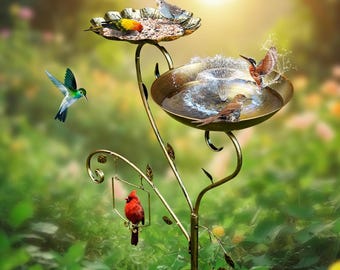 3-in-1 Antique Gold Metal Bird Bath with Feeder – 37" Stand, Decorative Garden Stake Birdbath for Yard, Patio and Lawn Outdoor Décor