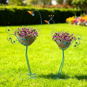 May include: Two teal peacock-shaped plant holders with baskets filled with purple flowers. The metal frames have decorative swirls and are placed on a grassy lawn. The peacocks have orange beaks and yellow accents.
