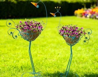 Elegant Blue Peacock Metal Plant Stand Set – 2-Tier Flower Pot Holders with Coconut Planters, Perfect for Indoor/Outdoor Garden, Porch