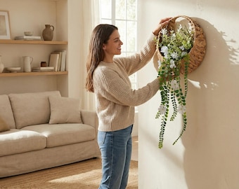 22” Artificial Hanging Plants Wall Decor | Succulent Greenery Basket for Farmhouse Home Indoor Porch