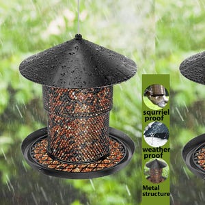 May include: Black metal bird feeder with a mesh cylinder filled with birdseed, a circular base, and a domed roof. The feeder is suspended by a wire and is labeled as squirrel proof, weather proof, and having a metal structure.