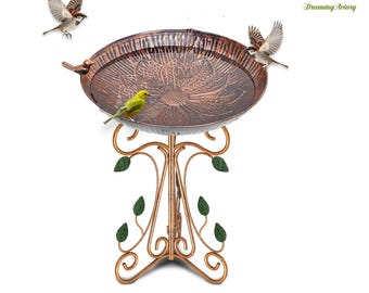 Vintage Metal Bird Bath on Pedestal Stand | Stable with Ground Stakes | Bird Statue Feeder Combo | Whimsical Outdoor Garden Decor Gift