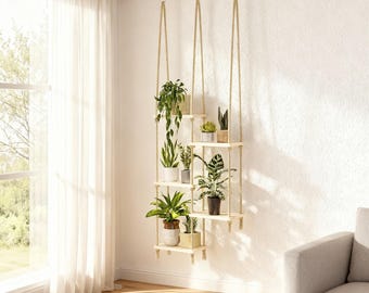 Boho Window Plant Shelves | Hanging Wood Shelf for Indoor Plants, Window Sill Hanger, Garden Wall Decor, Living Room Plant Stand