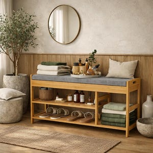 May include: A rectangular bamboo storage bench with a gray cushioned seat, featuring two open shelves holding folded green and white towels, a wooden bowl, and two pairs of slide sandals. A round tray with bottles sits on the bench top.