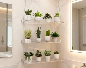 3-Tier Clear Hanging Plant Shelf – Acrylic Window Garden Stand for Indoor Plants, Herbs & Flowers, 16-Inch Wall Shelf Display Organizer
