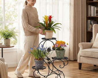 3 Tier Metal Plant Stand Indoor Outdoor, Heavy Duty Iron Flower Pot Shelf, Rust Resistant Ladder Plant Holder for Living Room Patio