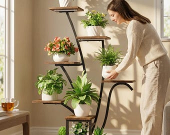 7-Tier Indoor Plant Stand with Grow Lights | 43” Corner Shelf for Plants, Living Room & Patio, Black