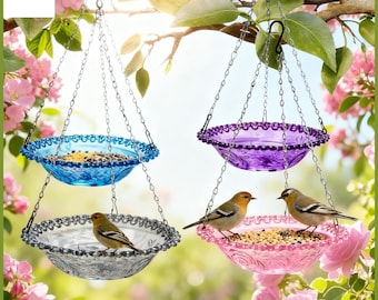 Colorful 4-Pack Hanging Bird Baths & Feeders Set – Outdoor Water Bowls and Seed Trays in Blue Pink Gray and Purple – Garden Gift Idea