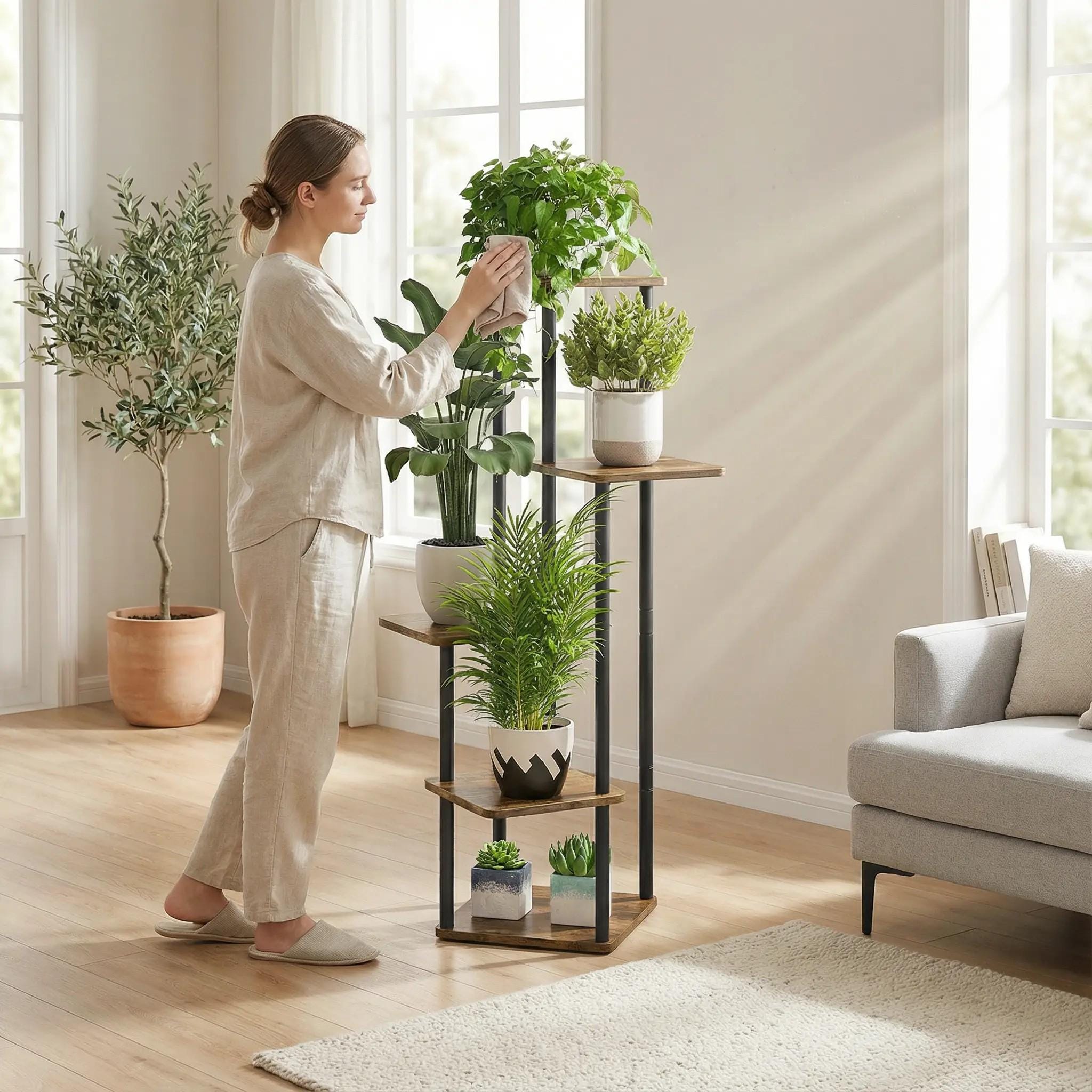 5-tier Black Metal Plant Stand | Tall Corner Flower Shelf for