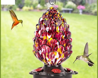 Pine Cone Glass Hummingbird Feeder – Hand Blown, 25oz, Rust & Leak Proof, Outdoor Hanging Gift for Bird Lovers and Garden Decor