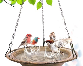 Hanging Copper Bird Bath Bowl 12” with Chains – Outdoor Garden and Backyard Decor, Durable Plastic Bird Feeder for Attracting Wild Birds